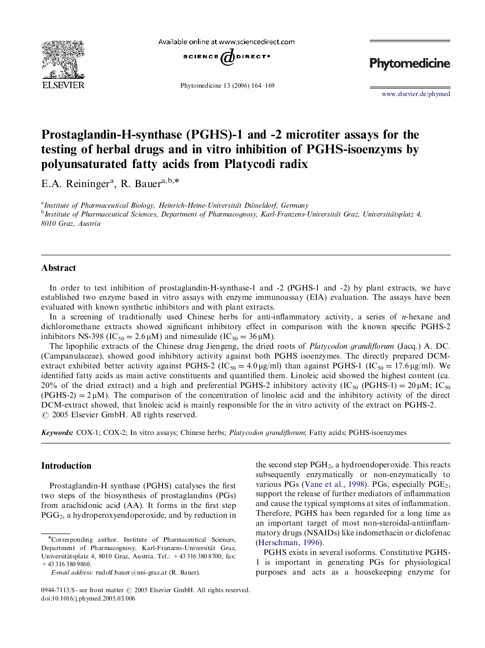 Prostaglandin-H-synthase (PGHS)-1 and -2 microtiter assays for the testing of herbal drugs and in vitro inhibition of PGHS-isoenzyms by polyunsaturated fatty acids from Platycodi radix