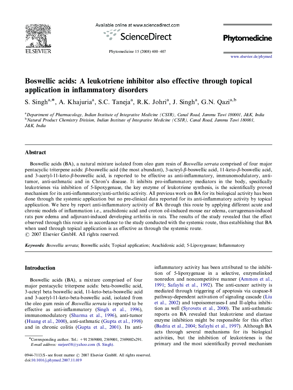 Boswellic acids: A leukotriene inhibitor also effective through topical application in inflammatory disorders