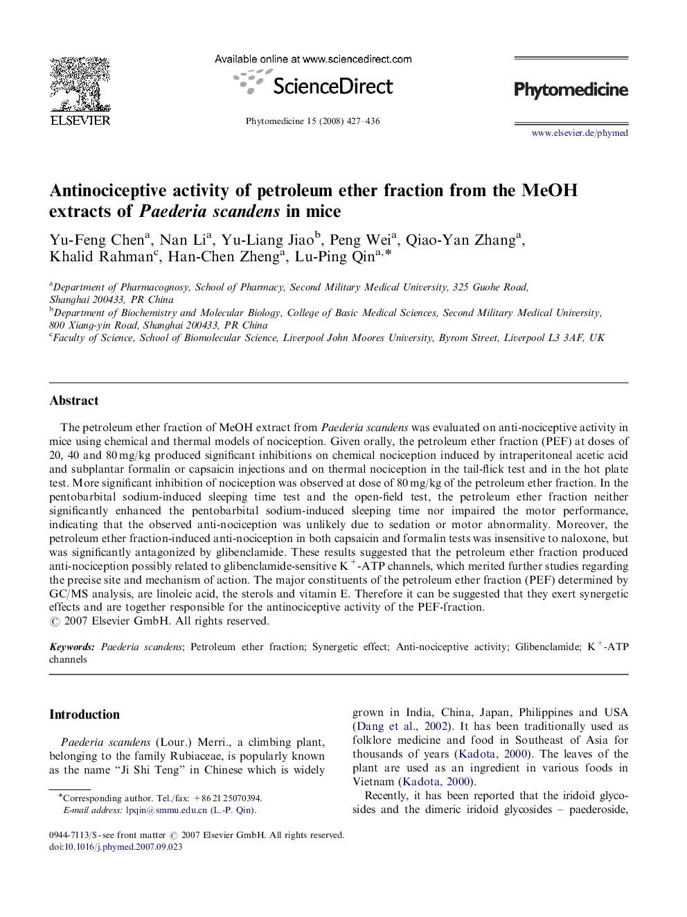 Antinociceptive activity of petroleum ether fraction from the MeOH extracts of Paederia scandens in mice