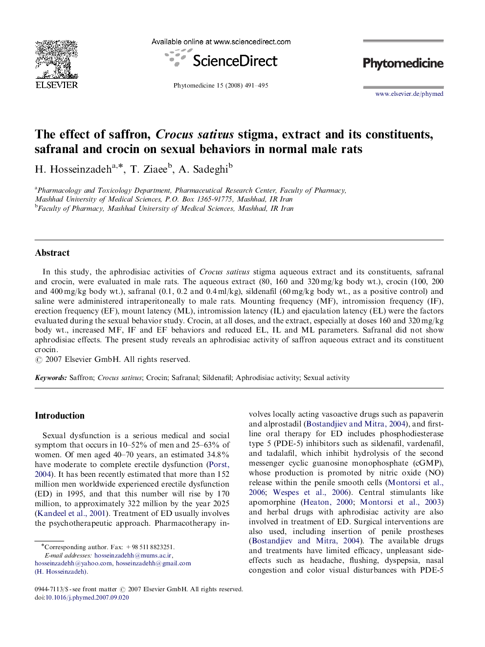 The effect of saffron, Crocus sativus stigma, extract and its constituents, safranal and crocin on sexual behaviors in normal male rats