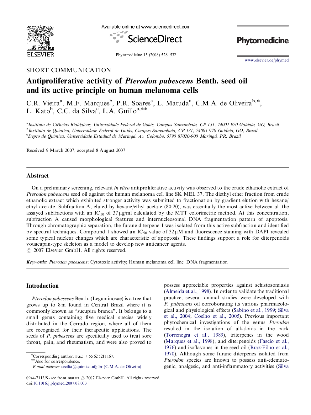 Antiproliferative activity of Pterodon pubescens Benth. seed oil and its active principle on human melanoma cells