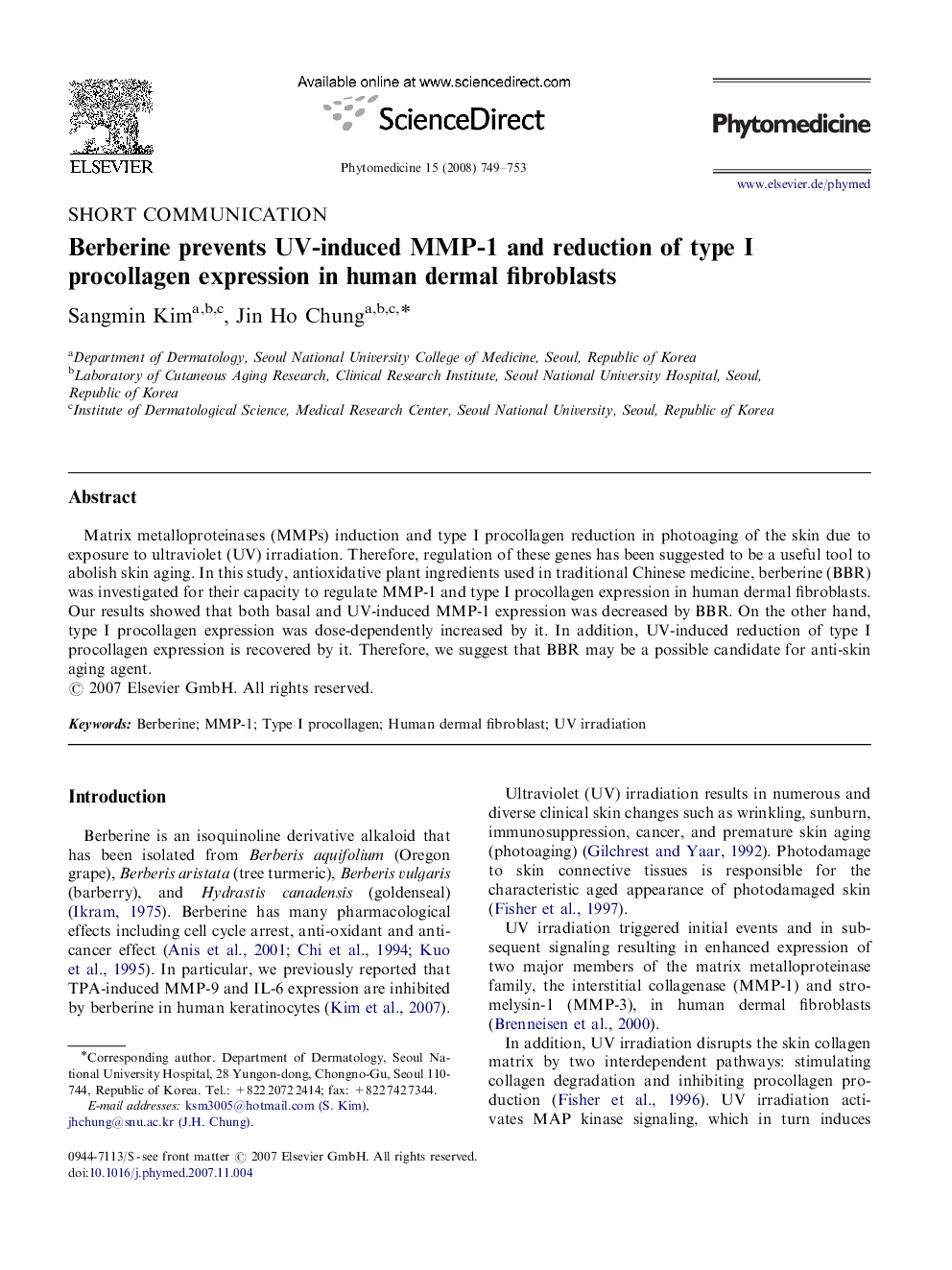 Berberine prevents UV-induced MMP-1 and reduction of type I procollagen expression in human dermal fibroblasts