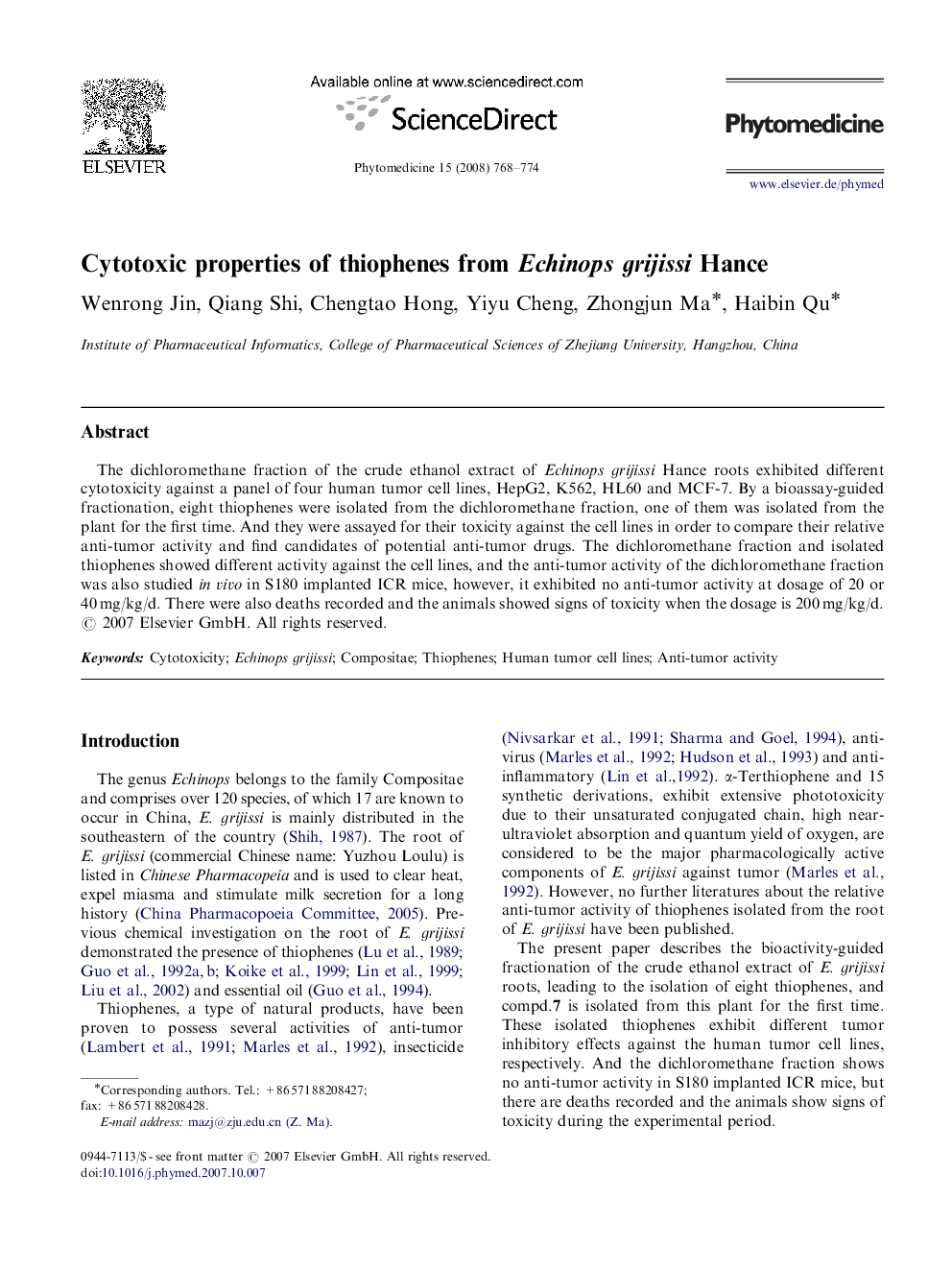 Cytotoxic properties of thiophenes from Echinops grijissi Hance