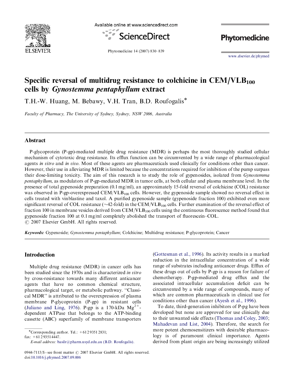 Specific reversal of multidrug resistance to colchicine in CEM/VLB100 cells by Gynostemma pentaphyllum extract