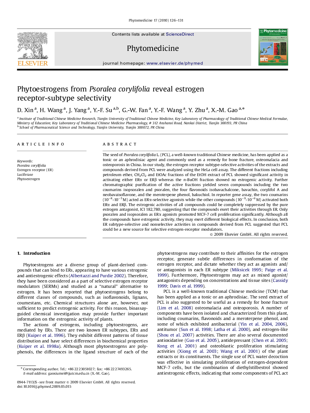 Phytoestrogens from Psoralea corylifolia reveal estrogen receptor-subtype selectivity