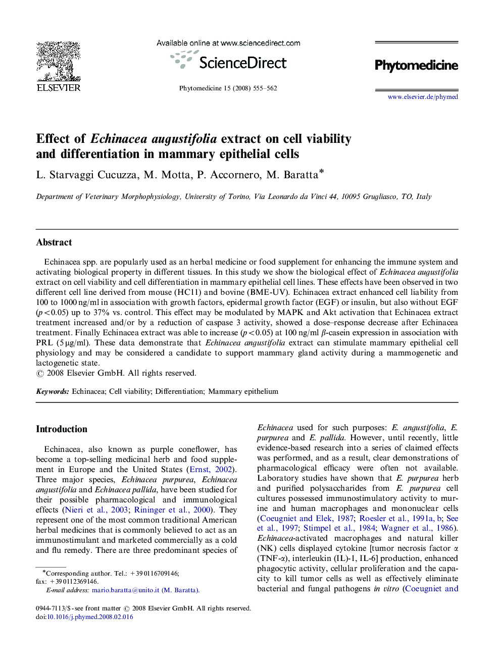 Effect of Echinacea augustifolia extract on cell viability and differentiation in mammary epithelial cells