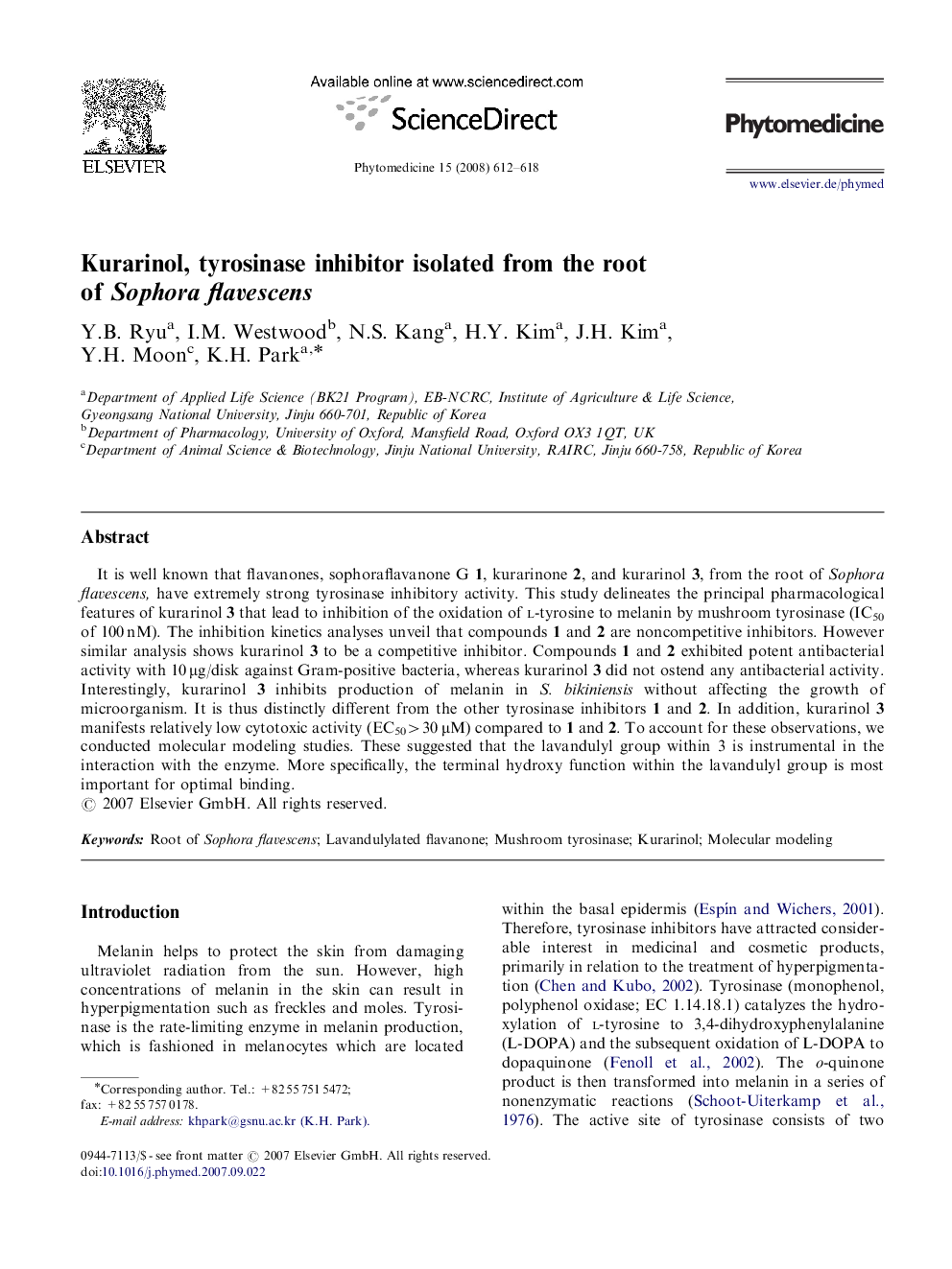 Kurarinol, tyrosinase inhibitor isolated from the root of Sophora flavescens
