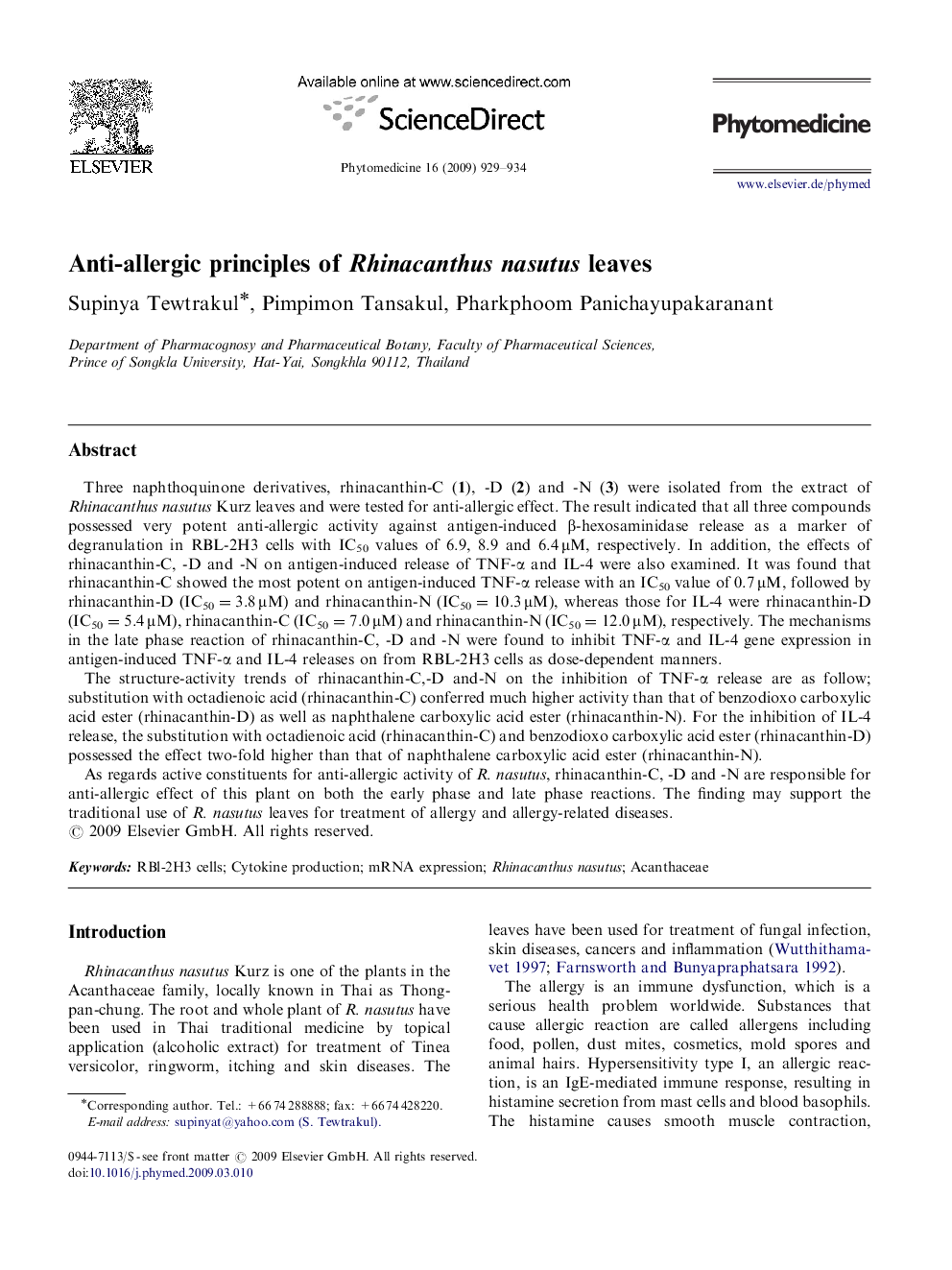 Anti-allergic principles of Rhinacanthus nasutus leaves