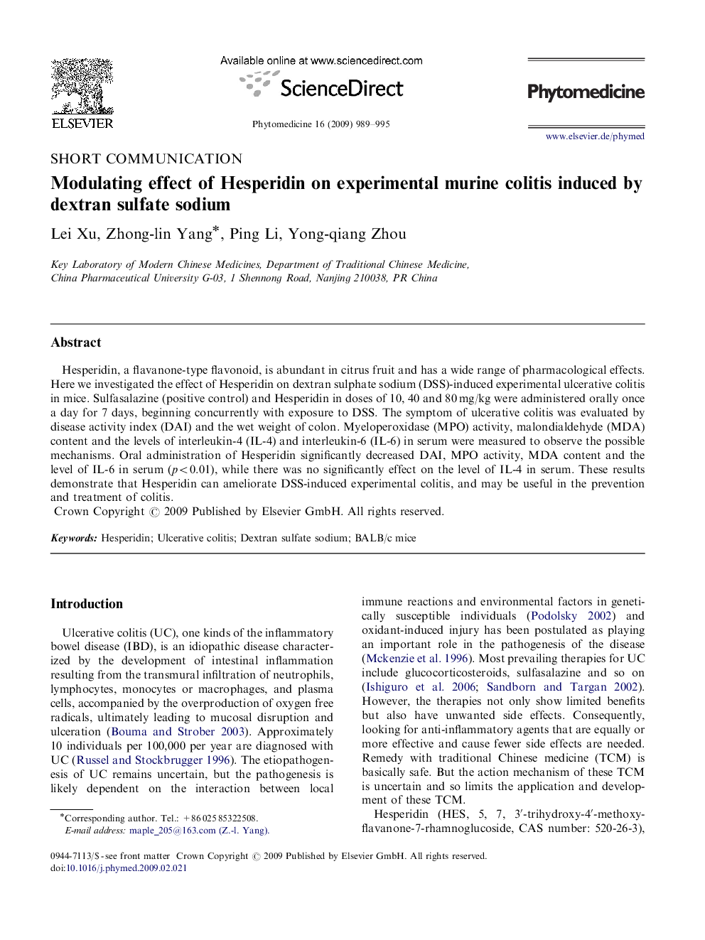 Modulating effect of Hesperidin on experimental murine colitis induced by dextran sulfate sodium