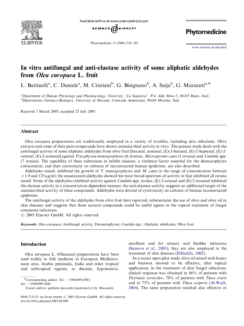 In vitro antifungal and anti-elastase activity of some aliphatic aldehydes from Olea europaea L. fruit