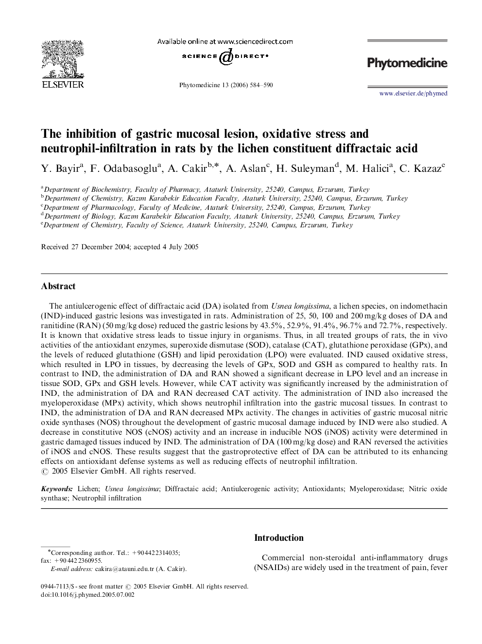 The inhibition of gastric mucosal lesion, oxidative stress and neutrophil-infiltration in rats by the lichen constituent diffractaic acid