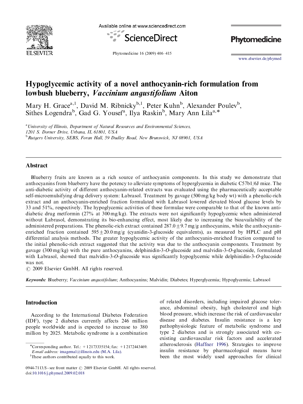 Hypoglycemic activity of a novel anthocyanin-rich formulation from lowbush blueberry, Vaccinium angustifolium Aiton