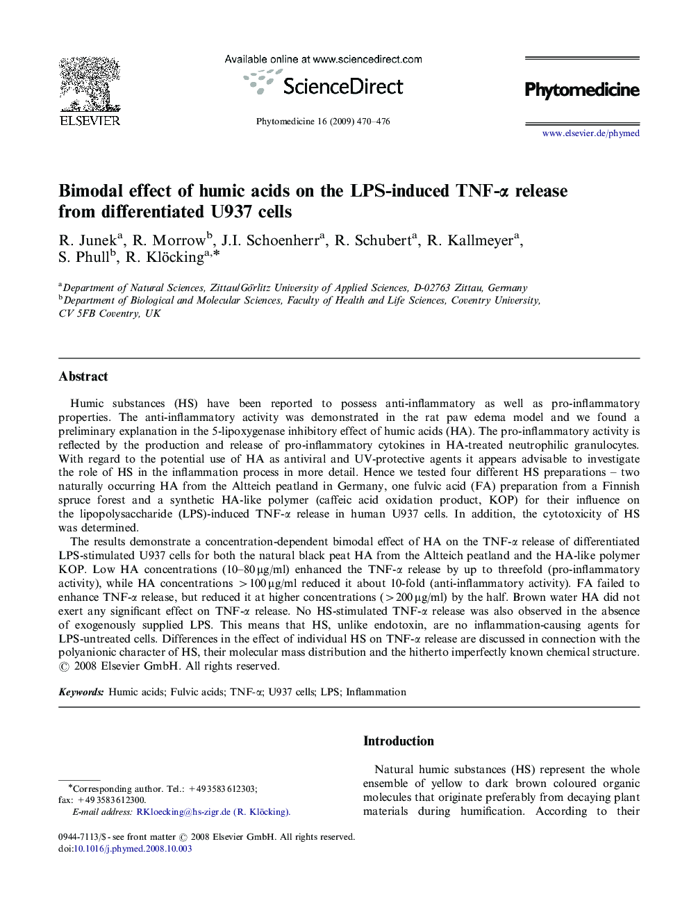 Bimodal effect of humic acids on the LPS-induced TNF-α release from differentiated U937 cells