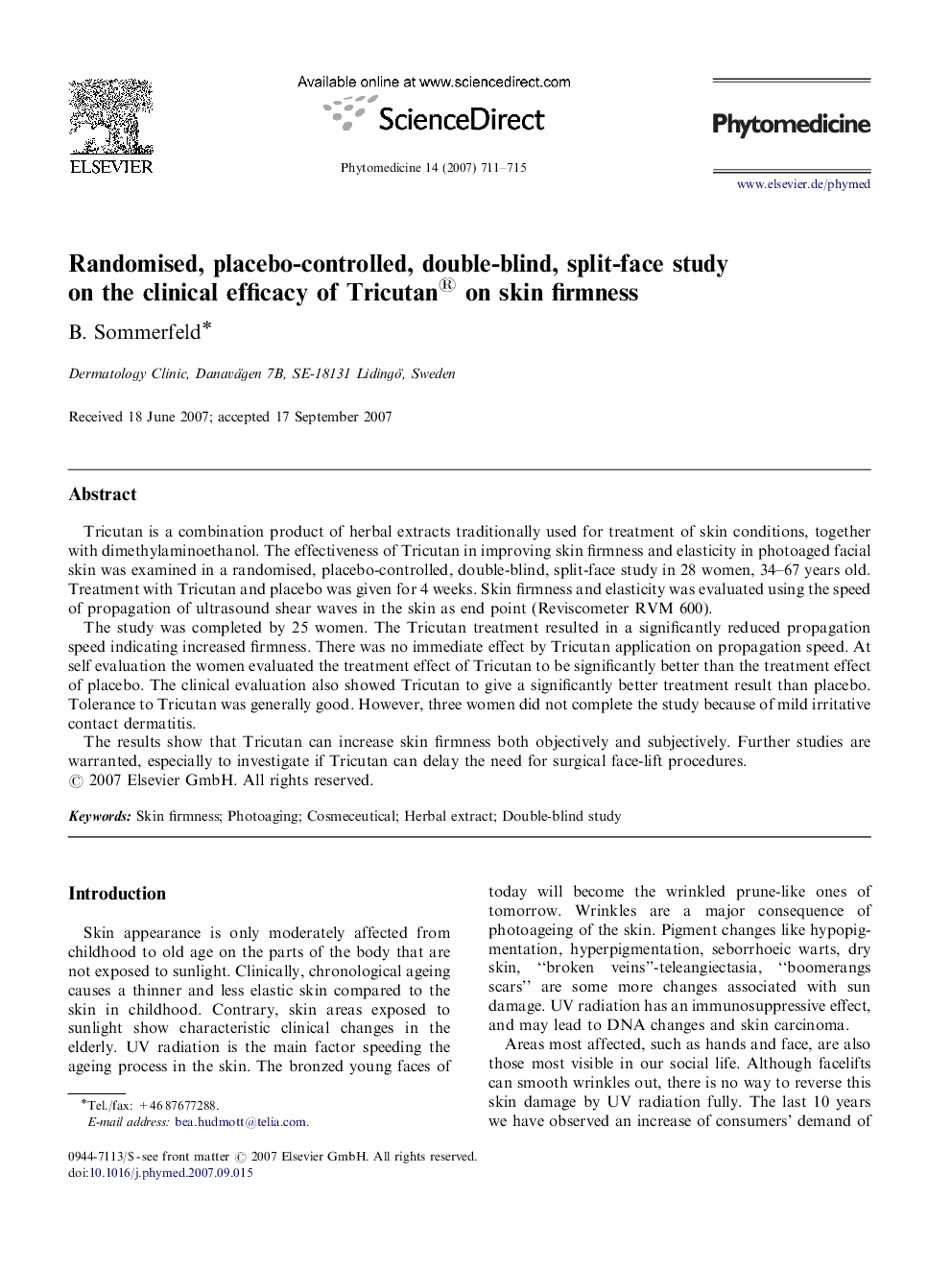 Randomised, placebo-controlled, double-blind, split-face study on the clinical efficacy of Tricutan® on skin firmness