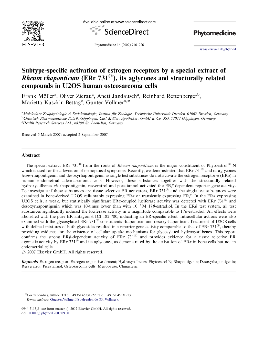 Subtype-specific activation of estrogen receptors by a special extract of Rheum rhaponticum (ERr 731®), its aglycones and structurally related compounds in U2OS human osteosarcoma cells