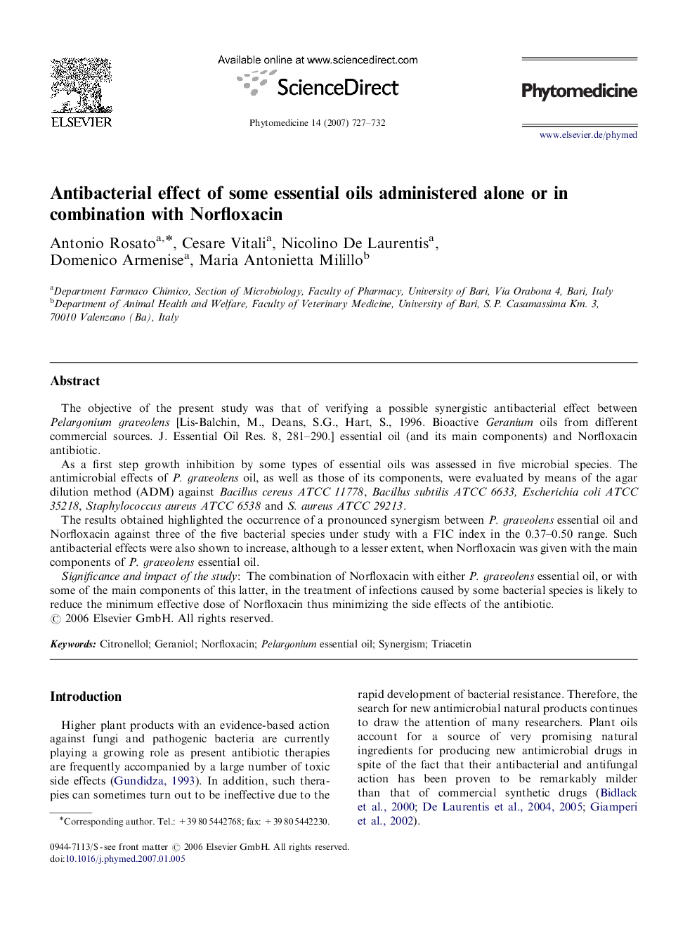 Antibacterial effect of some essential oils administered alone or in combination with Norfloxacin