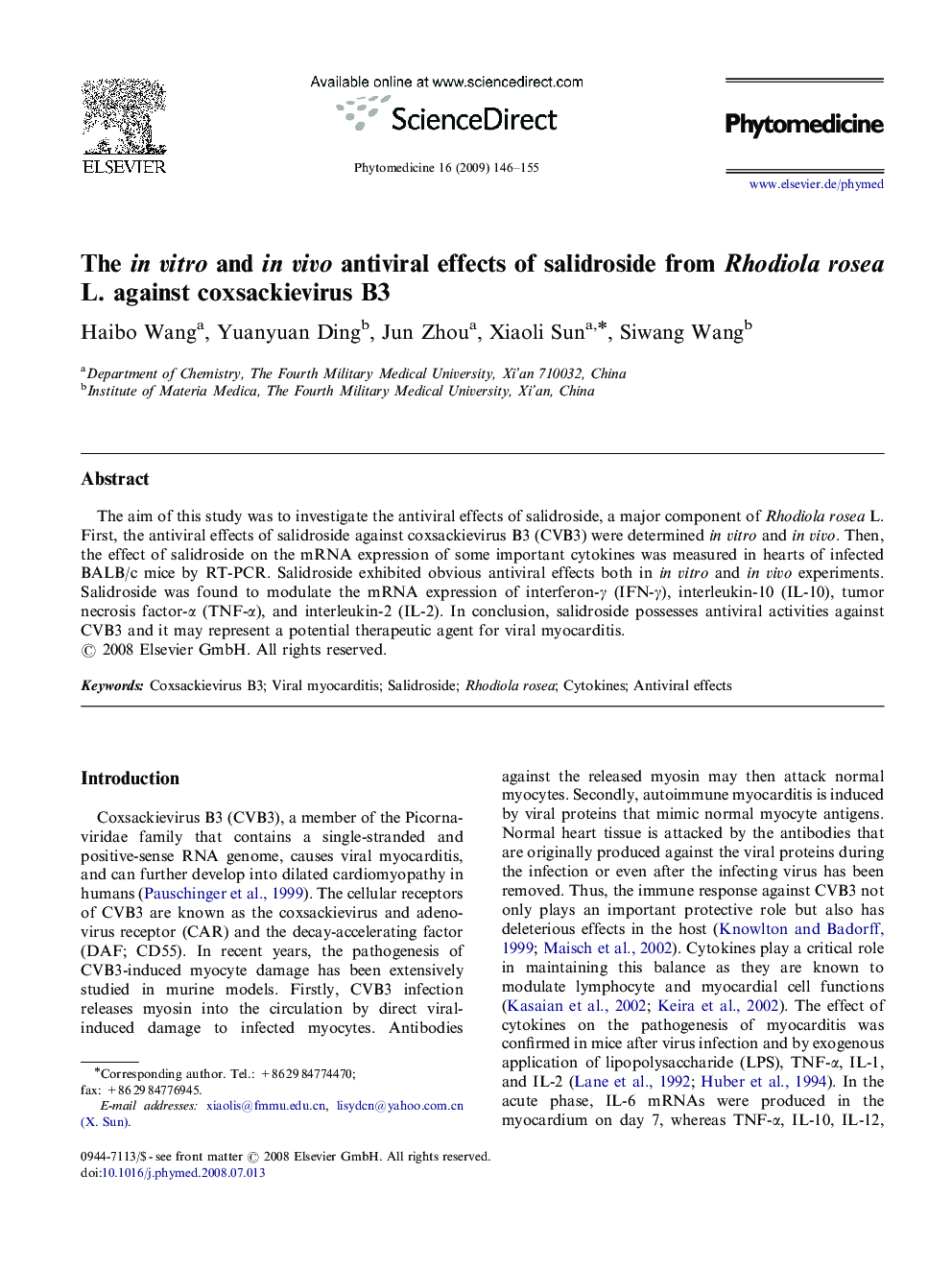 The in vitro and in vivo antiviral effects of salidroside from Rhodiola rosea L. against coxsackievirus B3