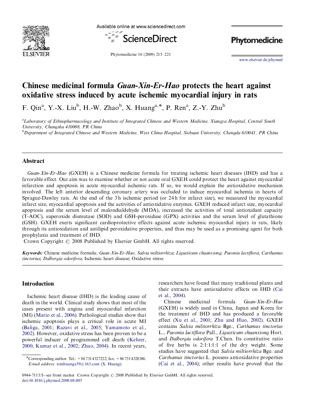 Chinese medicinal formula Guan-Xin-Er-Hao protects the heart against oxidative stress induced by acute ischemic myocardial injury in rats