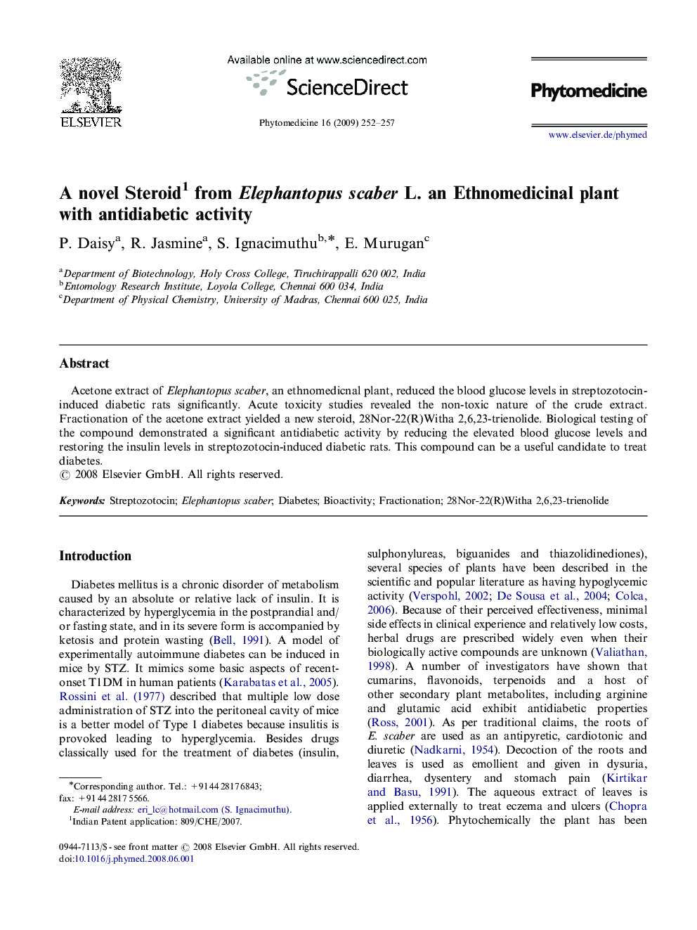 A novel Steroid1 from Elephantopus scaber L. an Ethnomedicinal plant with antidiabetic activity