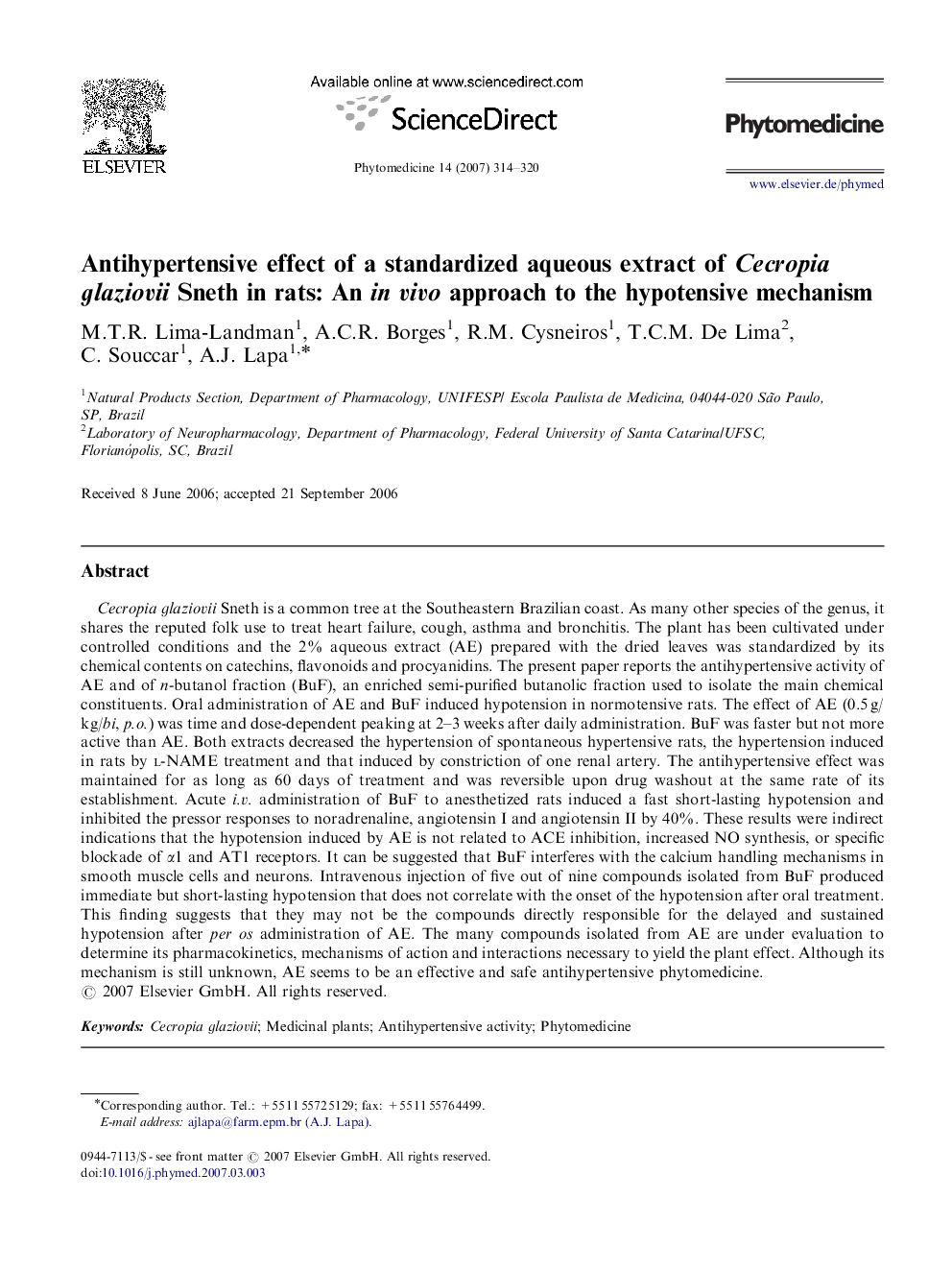 Antihypertensive effect of a standardized aqueous extract of Cecropia glaziovii Sneth in rats: An in vivo approach to the hypotensive mechanism