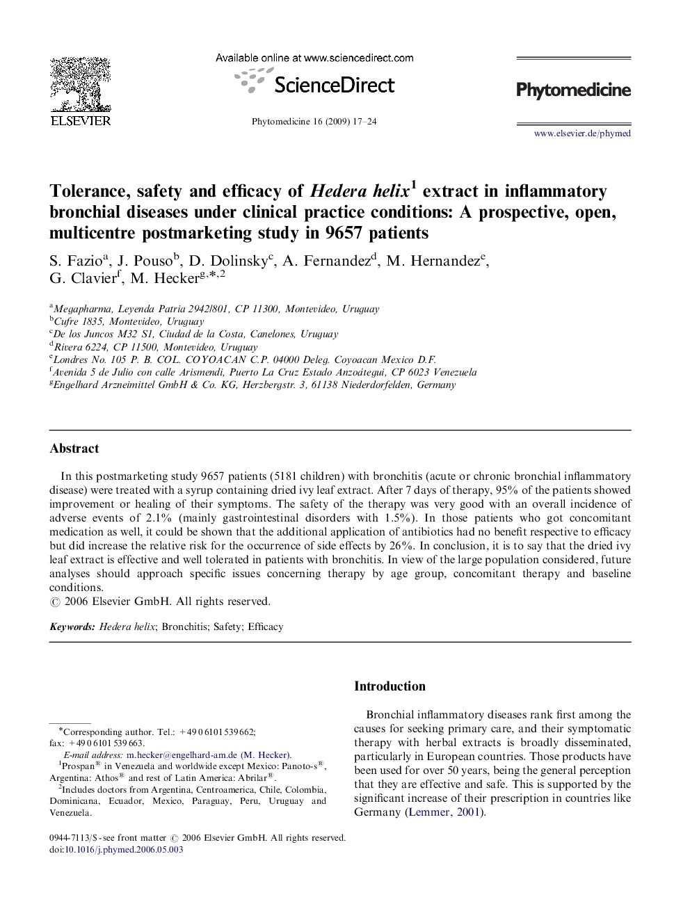 Tolerance, safety and efficacy of Hedera helix 1 extract in inflammatory bronchial diseases under clinical practice conditions: A prospective, open, multicentre postmarketing study in 9657 patients