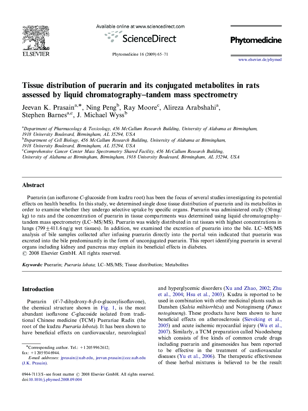 عکس صفحه اول مقاله: Tissue distribution of puerarin and its conjugated metabolites in rats assessed by liquid chromatography–tandem mass spectrometry Tissue distribution of puerarin and its conjugated metabolites in rats assessed by liquid chromatography–tandem mass spectrometry