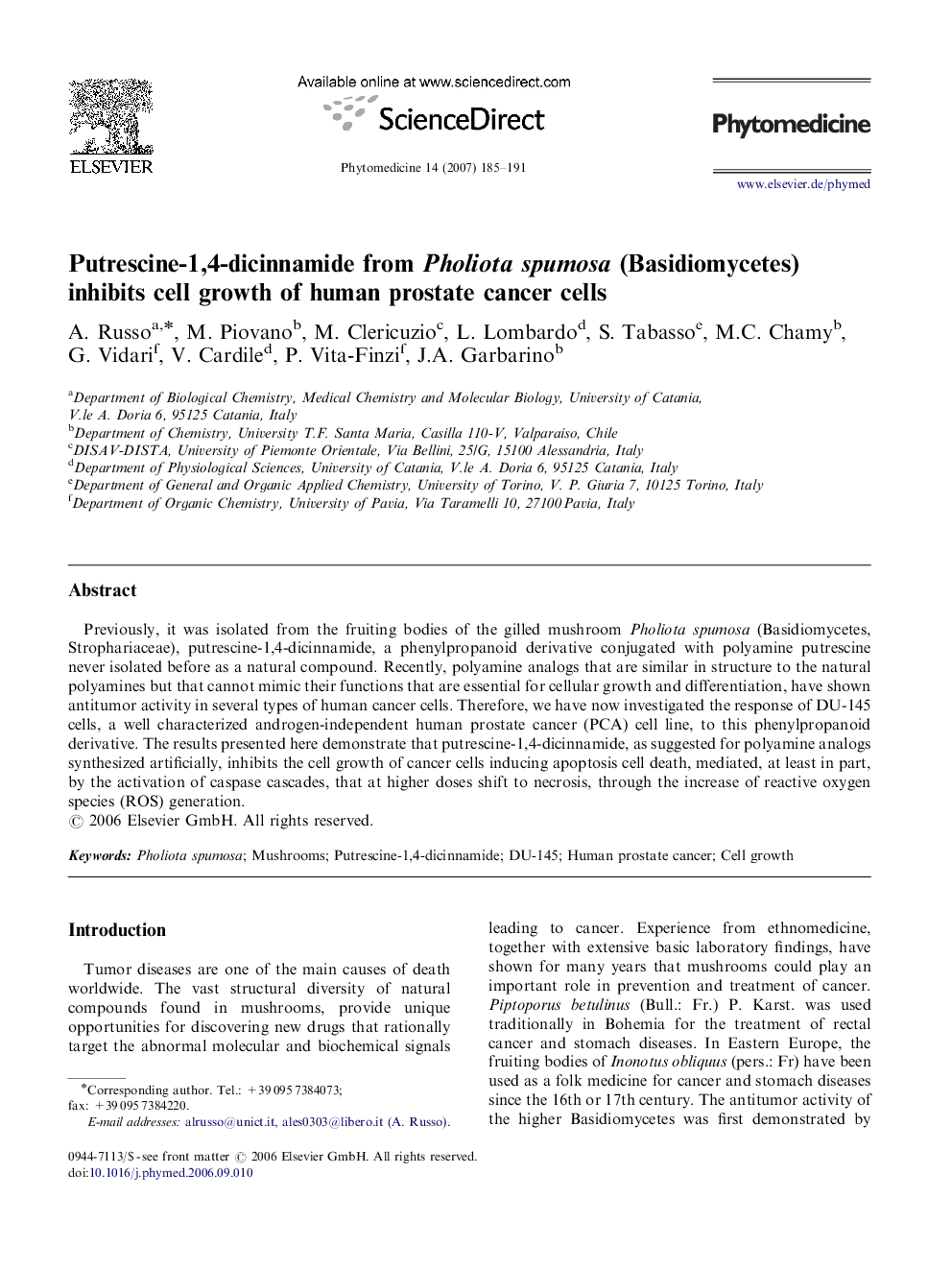 Putrescine-1,4-dicinnamide from Pholiota spumosa (Basidiomycetes) inhibits cell growth of human prostate cancer cells