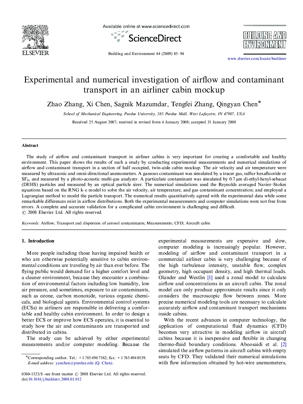 Experimental and numerical investigation of airflow and contaminant transport in an airliner cabin mockup