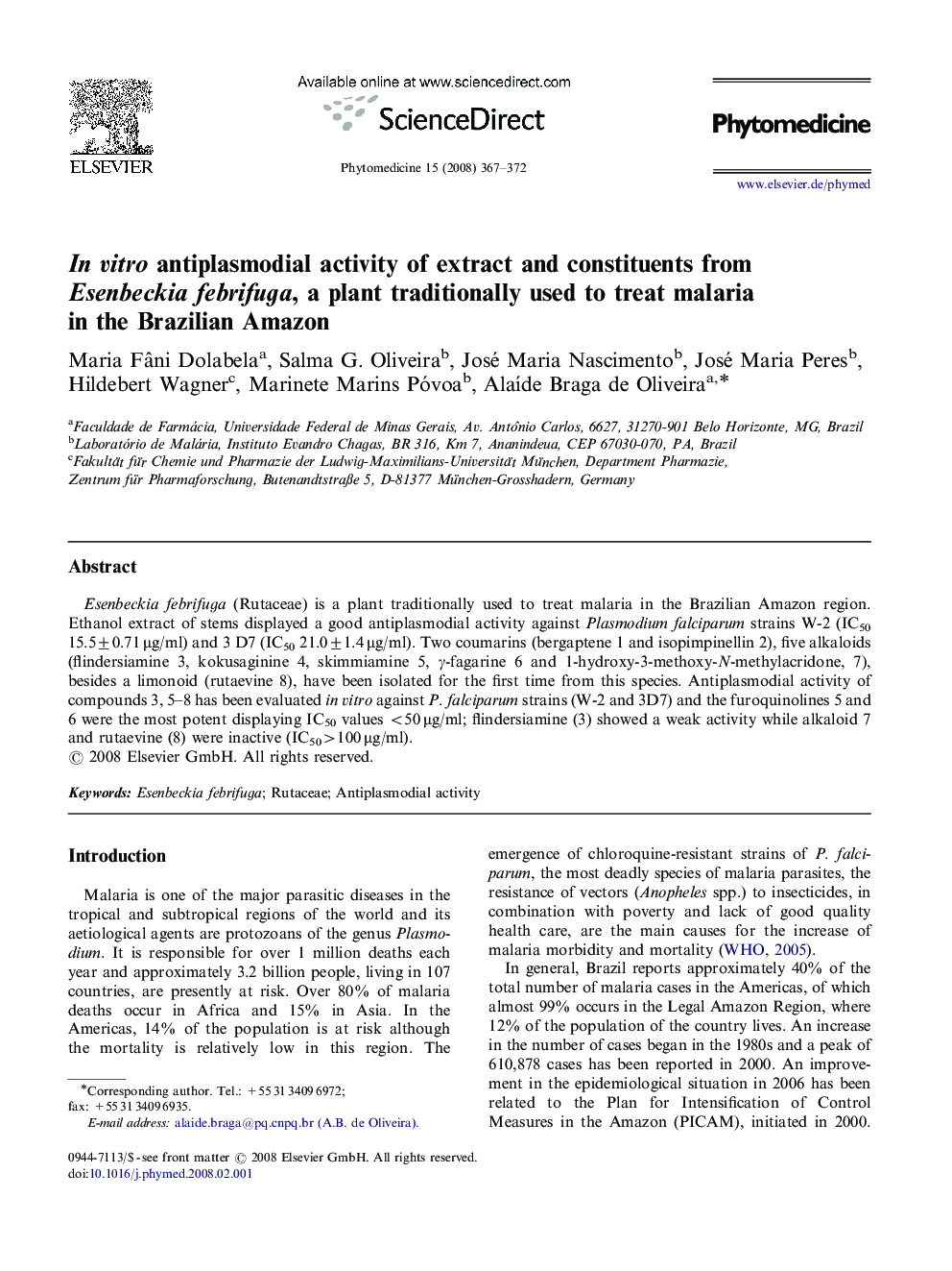 In vitro antiplasmodial activity of extract and constituents from Esenbeckia febrifuga, a plant traditionally used to treat malaria in the Brazilian Amazon