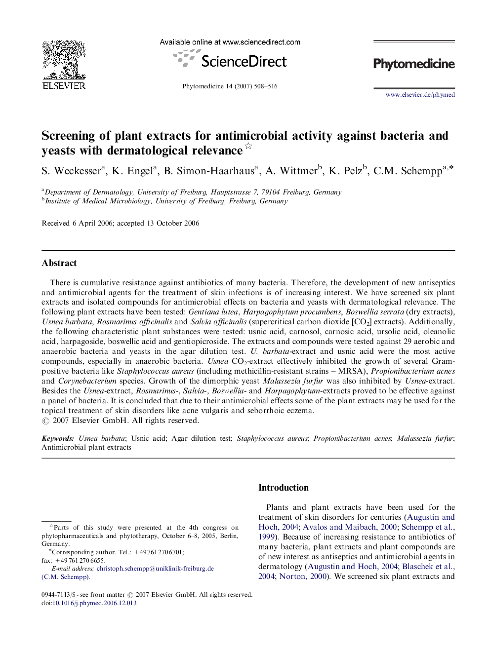 Screening of plant extracts for antimicrobial activity against bacteria and yeasts with dermatological relevance 