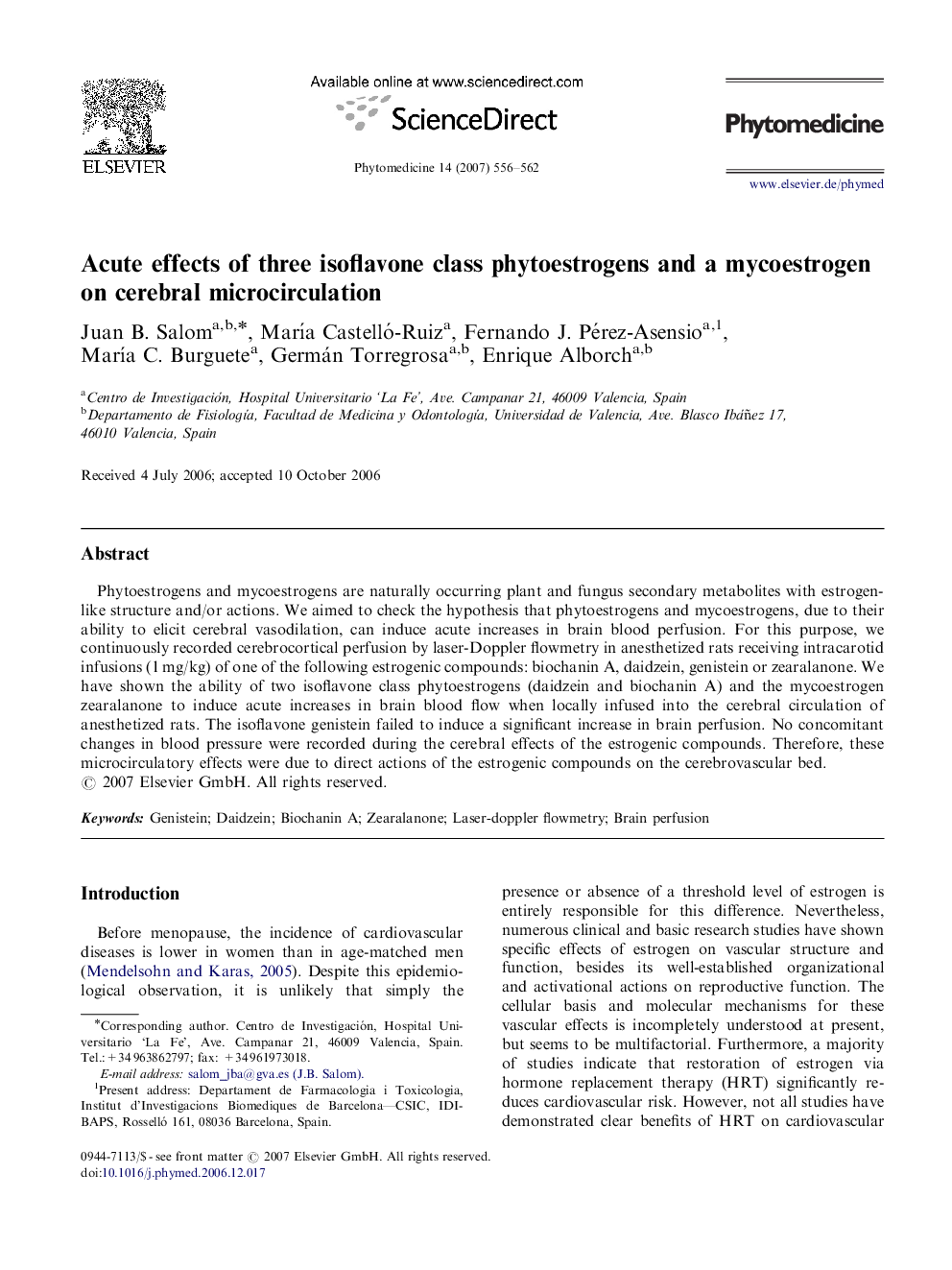 Acute effects of three isoflavone class phytoestrogens and a mycoestrogen on cerebral microcirculation