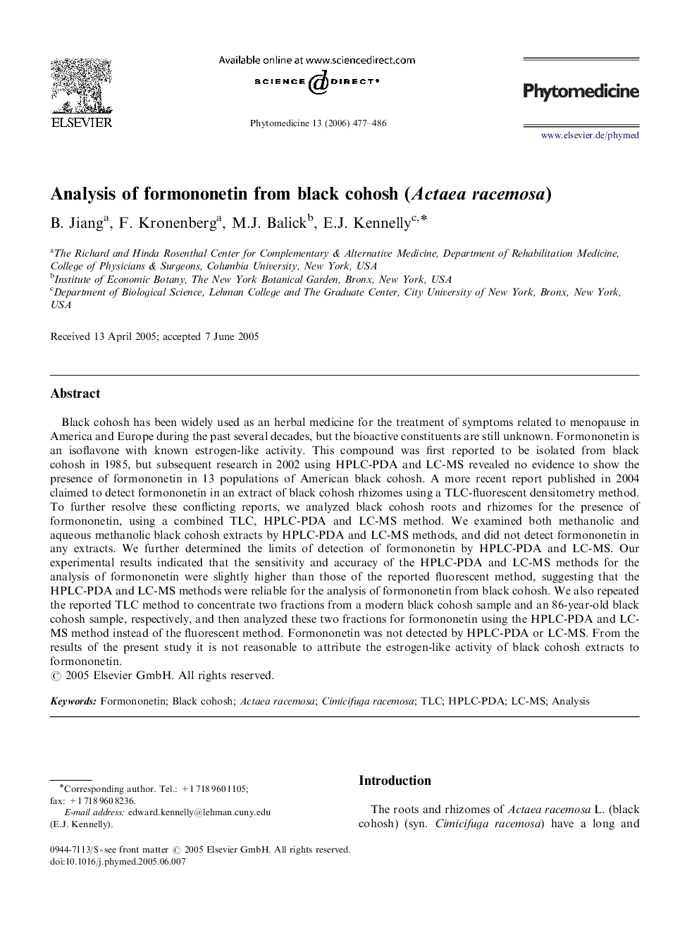 Analysis of formononetin from black cohosh (Actaea racemosa)