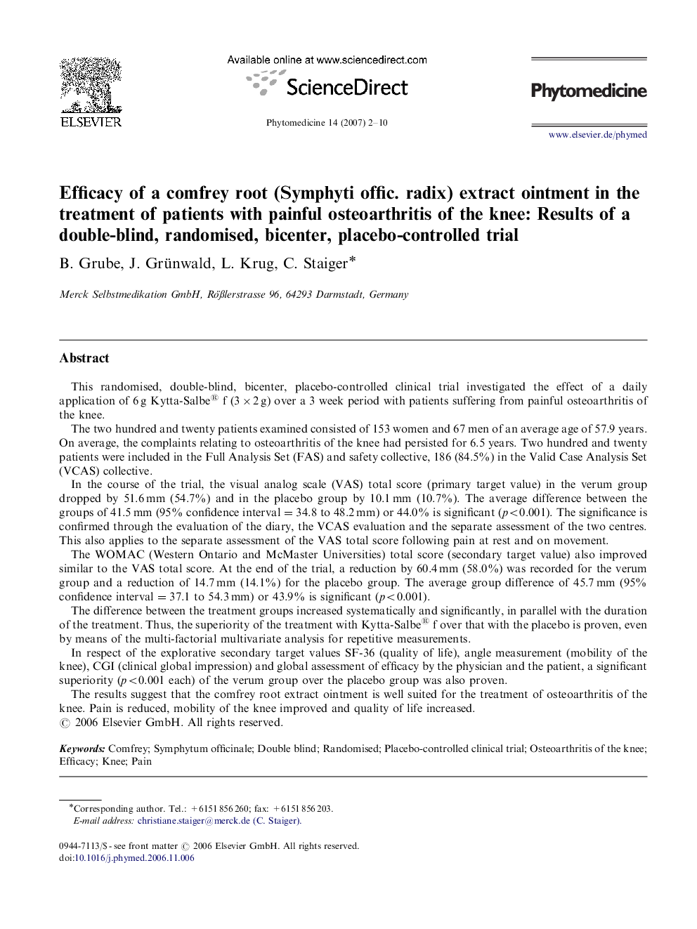 Efficacy of a comfrey root (Symphyti offic. radix) extract ointment in the treatment of patients with painful osteoarthritis of the knee: Results of a double-blind, randomised, bicenter, placebo-controlled trial