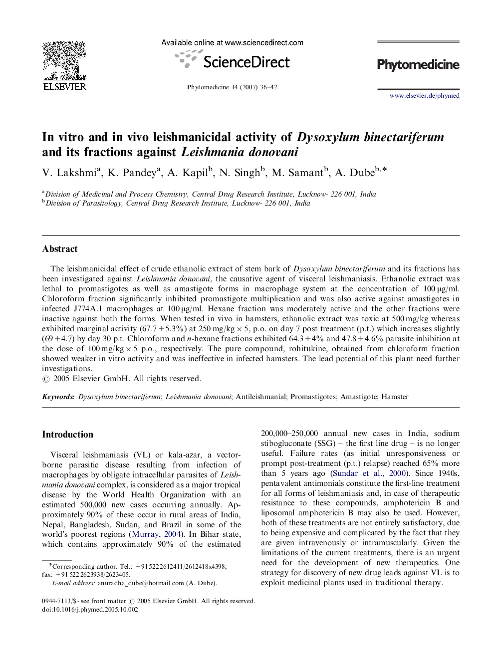 In vitro and in vivo leishmanicidal activity of Dysoxylum binectariferum and its fractions against Leishmania donovani