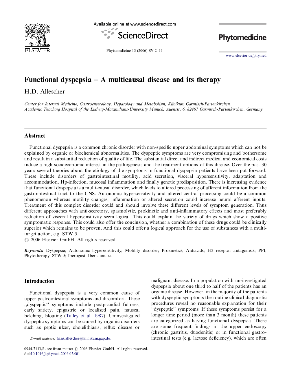 Functional dyspepsia – A multicausal disease and its therapy