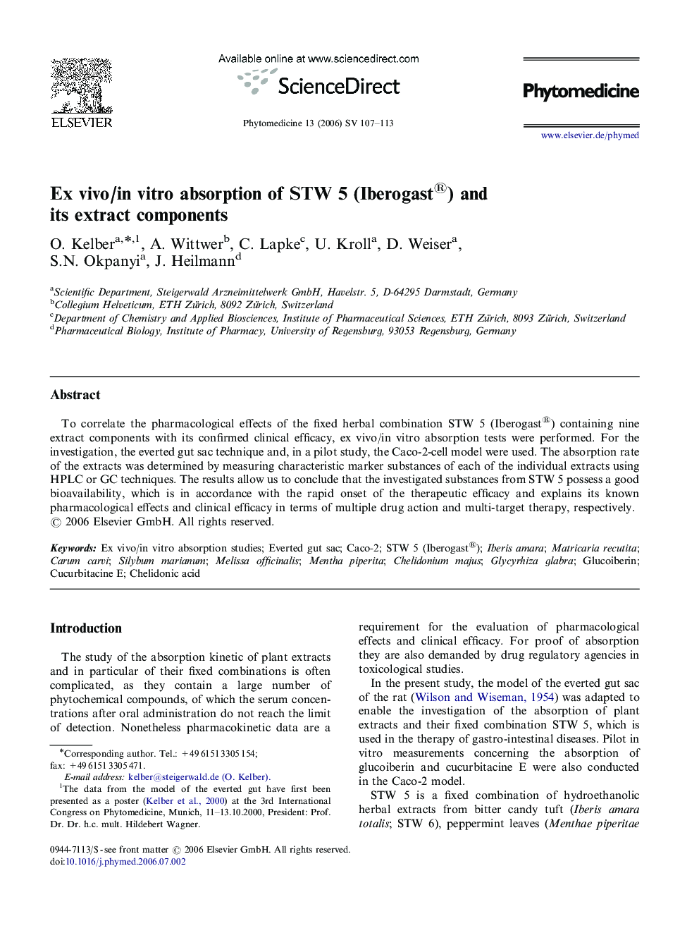 Ex vivo/in vitro absorption of STW 5 (Iberogast®) and its extract components