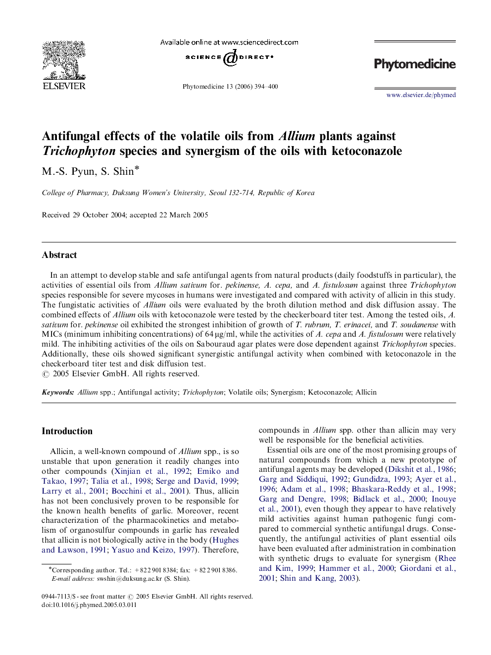 Antifungal effects of the volatile oils from Allium plants against Trichophyton species and synergism of the oils with ketoconazole