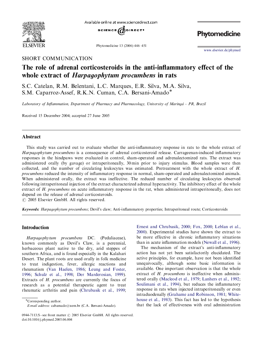 The role of adrenal corticosteroids in the anti-inflammatory effect of the whole extract of Harpagophytum procumbens in rats