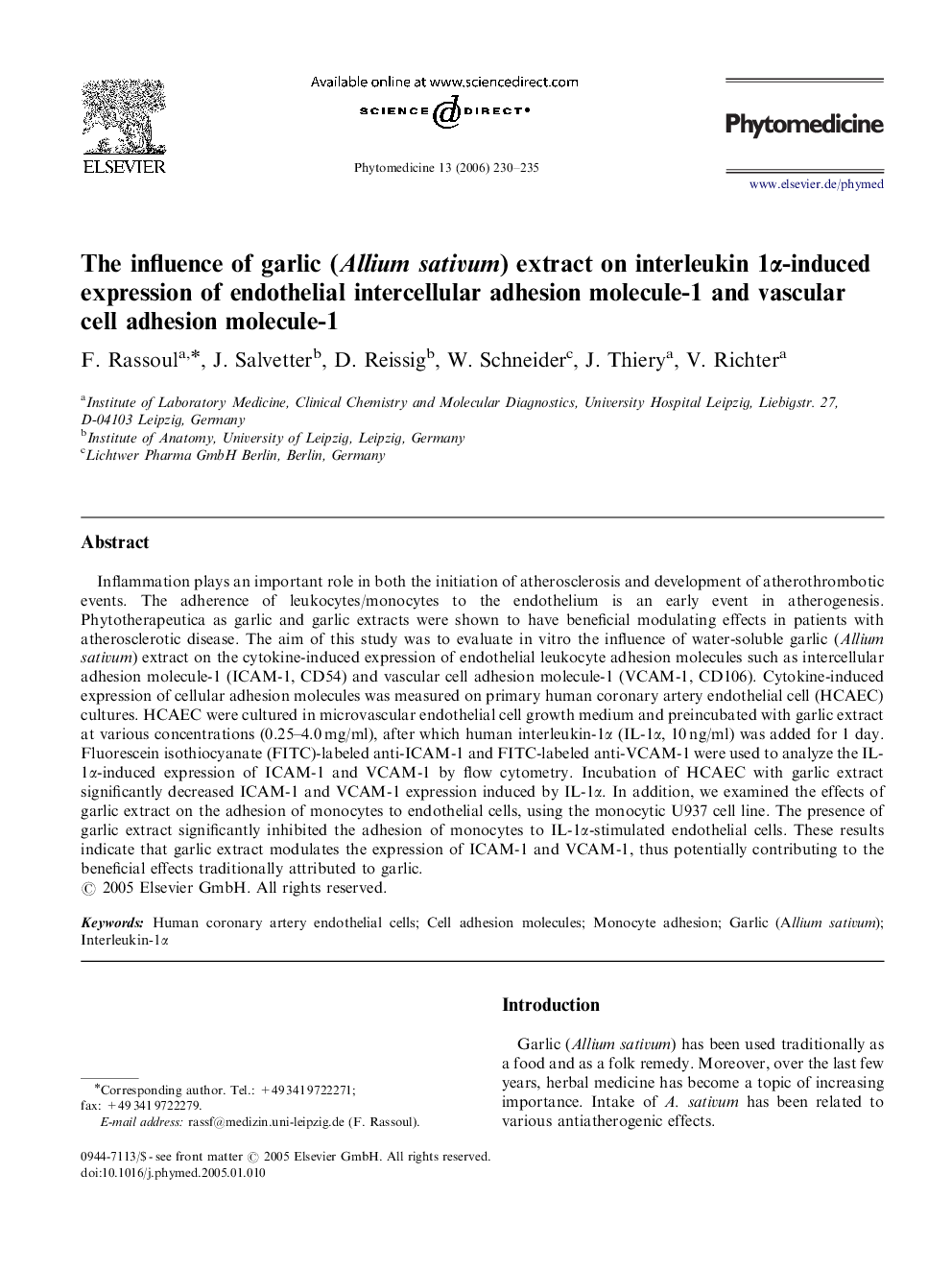 The influence of garlic (Allium sativum) extract on interleukin 1Î±-induced expression of endothelial intercellular adhesion molecule-1 and vascular cell adhesion molecule-1