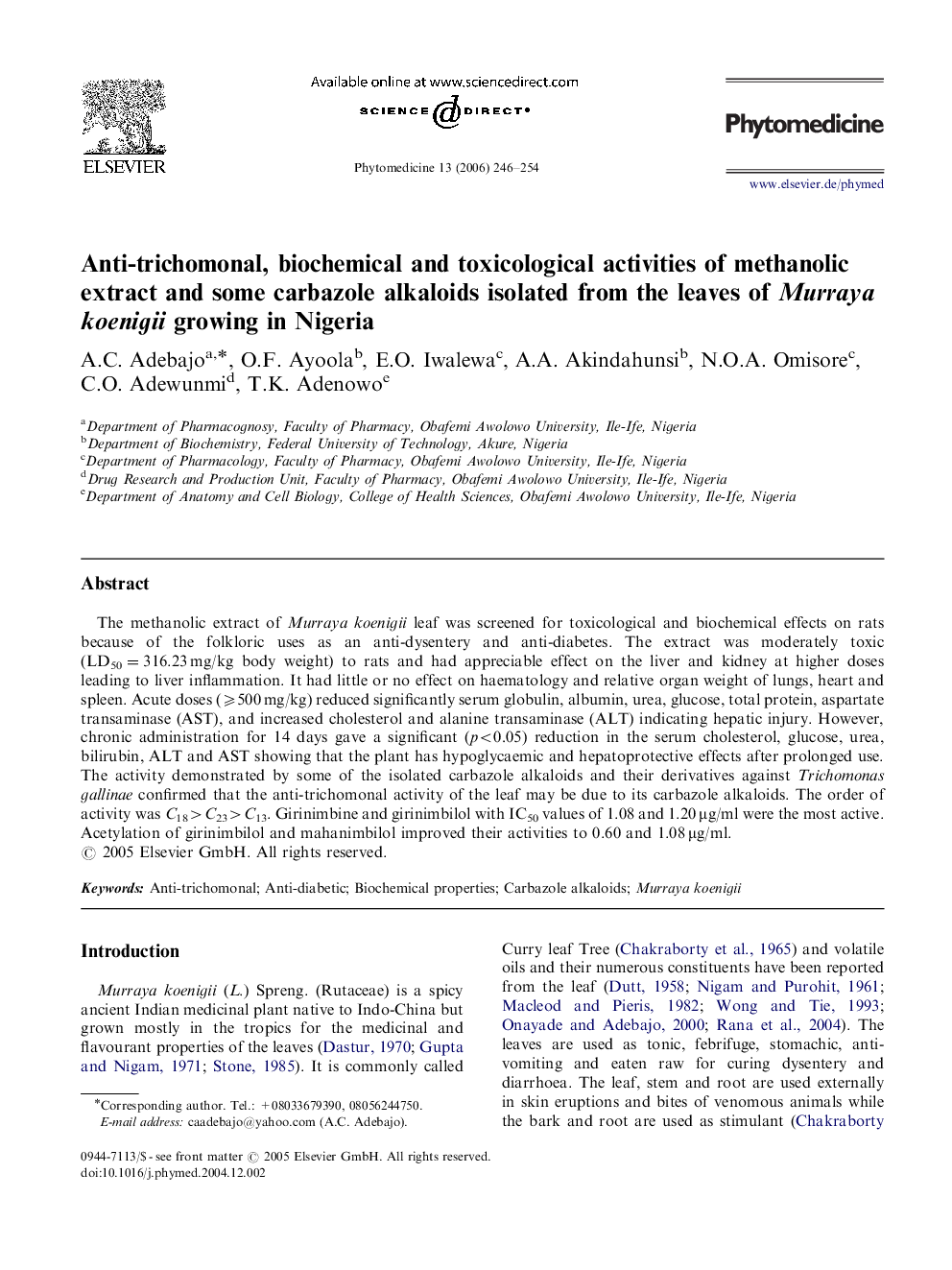 Anti-trichomonal, biochemical and toxicological activities of methanolic extract and some carbazole alkaloids isolated from the leaves of Murraya koenigii growing in Nigeria