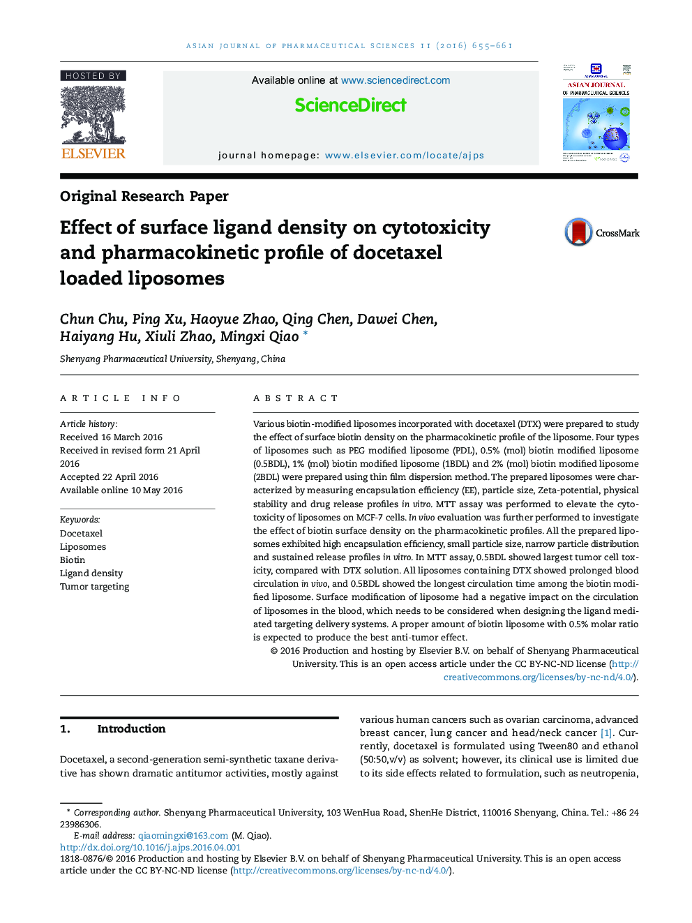 Effect of surface ligand density on cytotoxicity and pharmacokinetic profile of docetaxel loaded liposomes