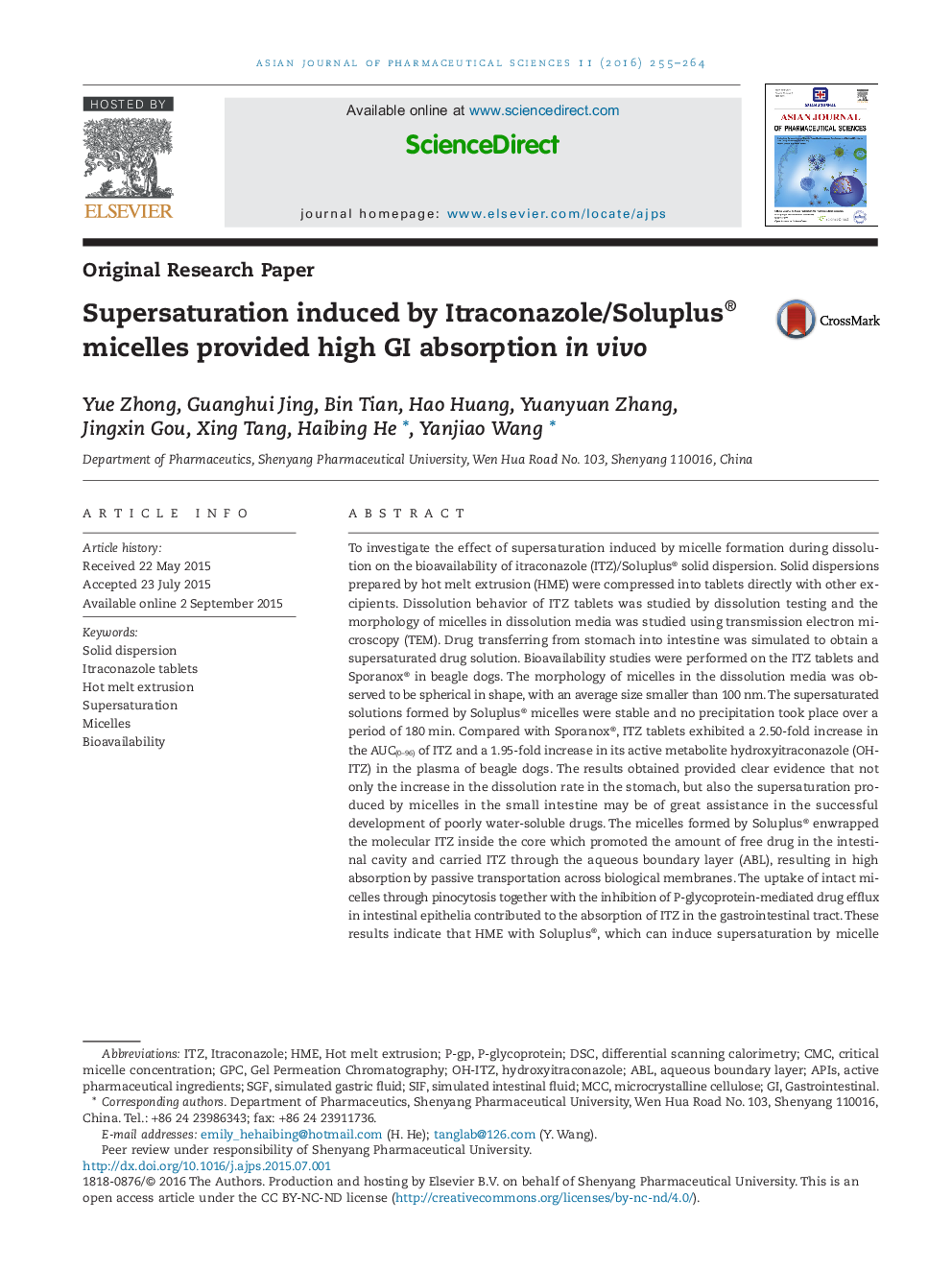 Supersaturation induced by Itraconazole/Soluplus® micelles provided high GI absorption in vivo 