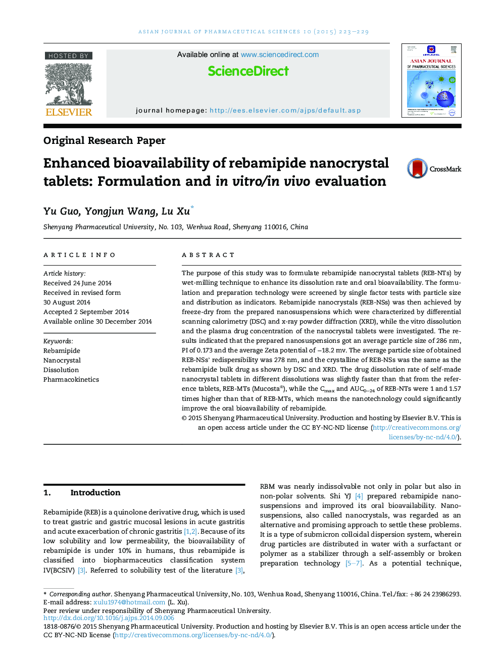 Enhanced bioavailability of rebamipide nanocrystal tablets: Formulation and in vitro/in vivo evaluation 