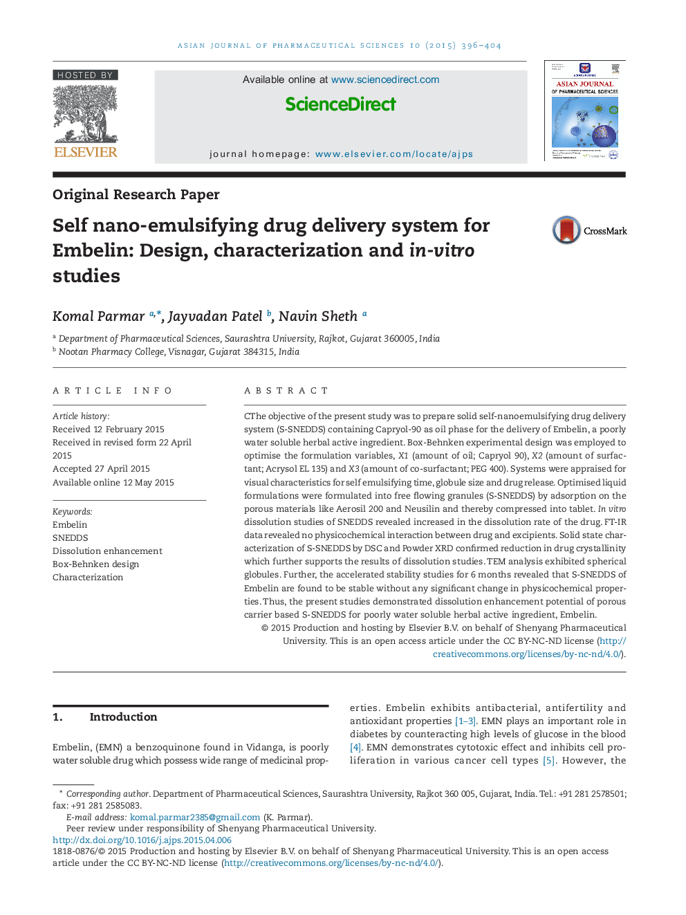 Self nano-emulsifying drug delivery system for Embelin: Design, characterization and in-vitro studies 