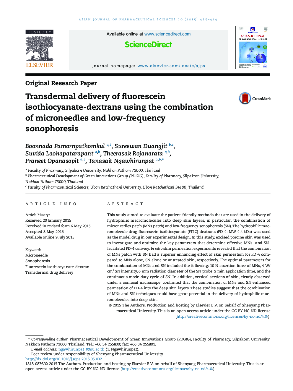 Transdermal delivery of fluorescein isothiocyanate-dextrans using the combination of microneedles and low-frequency sonophoresis 