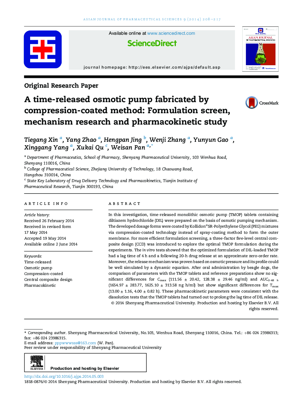 A time-released osmotic pump fabricated by compression-coated method: Formulation screen, mechanism research and pharmacokinetic study 