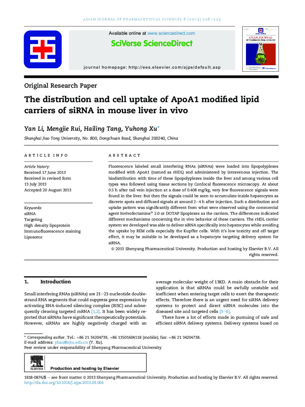 The distribution and cell uptake of ApoA1 modified lipid carriers of siRNA in mouse liver in vivo 
