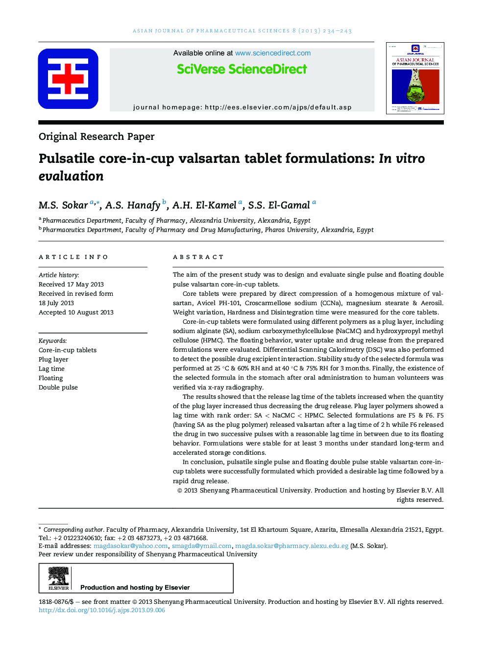 Pulsatile core-in-cup valsartan tablet formulations: In vitro evaluation 