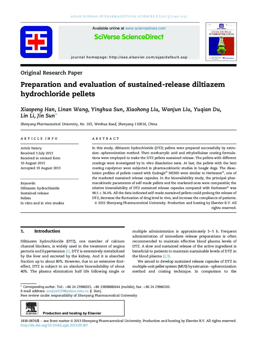 Preparation and evaluation of sustained-release diltiazem hydrochloride pellets 