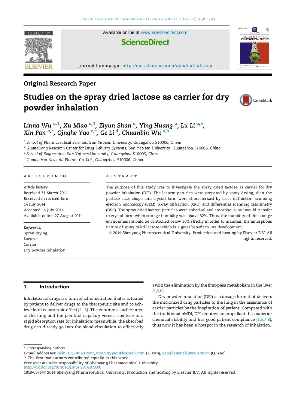 Studies on the spray dried lactose as carrier for dry powder inhalation 